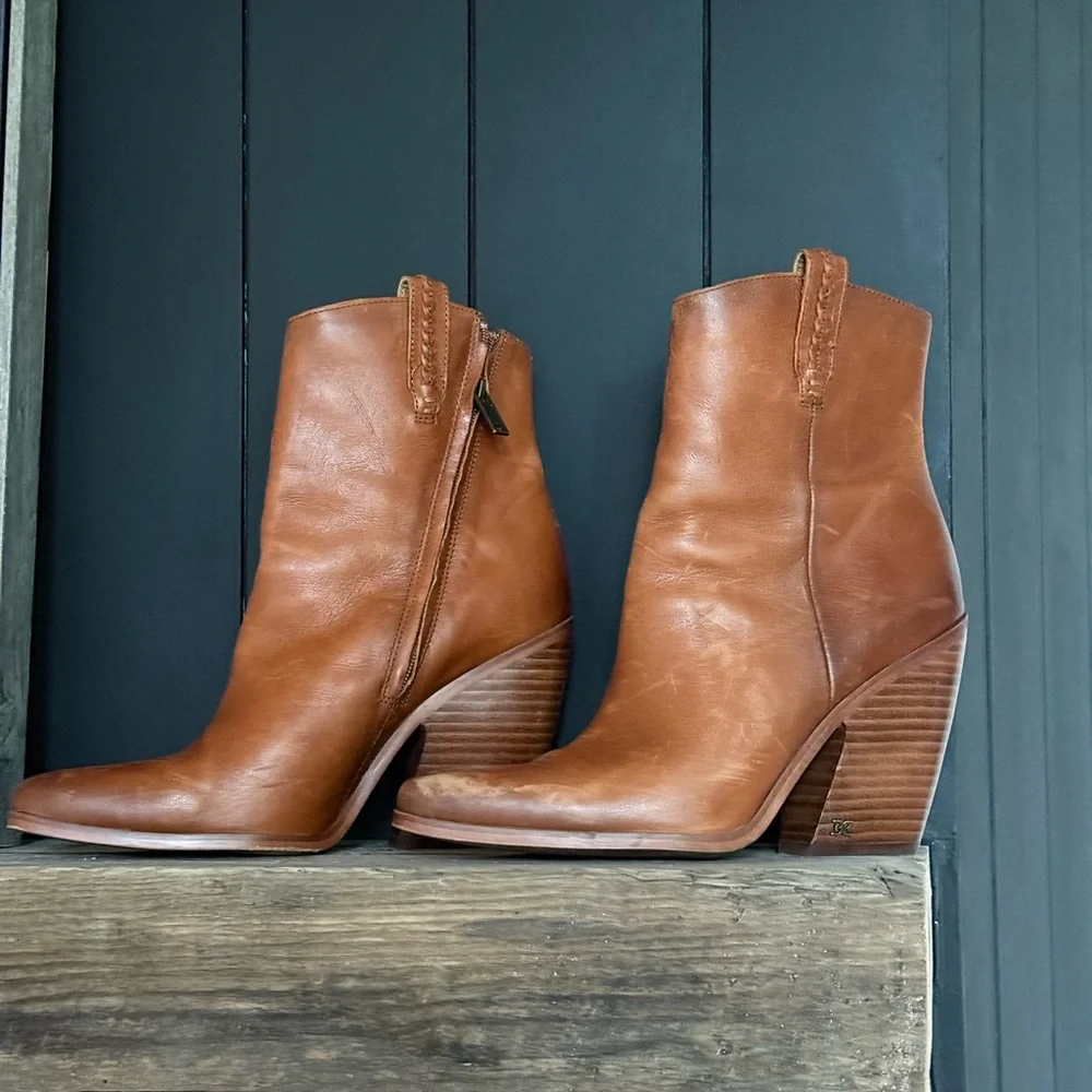 Sam Edelman Brown Leather Ankle Boots Block Heel Booties 8.5 Fall Vintage Style - Picture 3 of 10